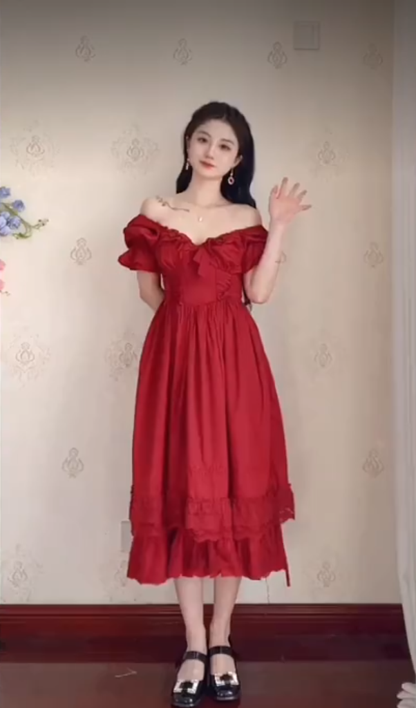 Alluring Off-the-Shoulder Red Prom Dress Lace Ruffled A-Line Evening Dress C8233