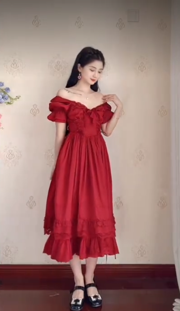 Alluring Off-the-Shoulder Red Prom Dress Lace Ruffled A-Line Evening Dress C8233