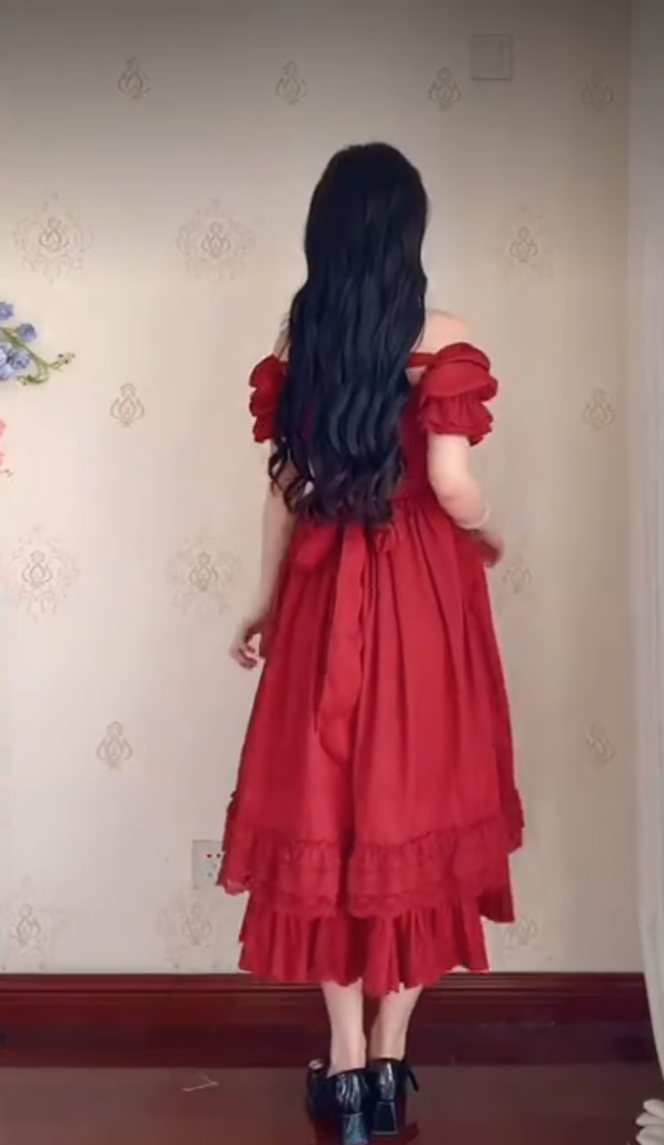 Alluring Off-the-Shoulder Red Prom Dress Lace Ruffled A-Line Evening Dress C8233