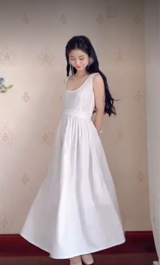 Simple U Neck White Prom Dress Flowy A-Line Evening Dress C8234