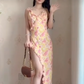 Sexy Spaghetti Straps Floral Prom Dress High Slit Ruffles Sheath Evening Dress C8235