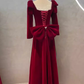 Sexy A line Long Sleeves Red Velvet Long Prom Dress C824