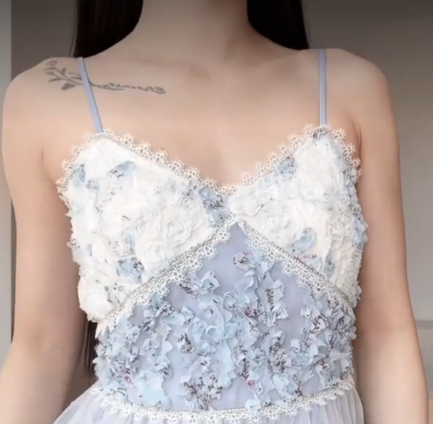 Ethereal Light Blue Spaghetti Straps Prom Dress Lace Floral A-Line Evening Dress C8247