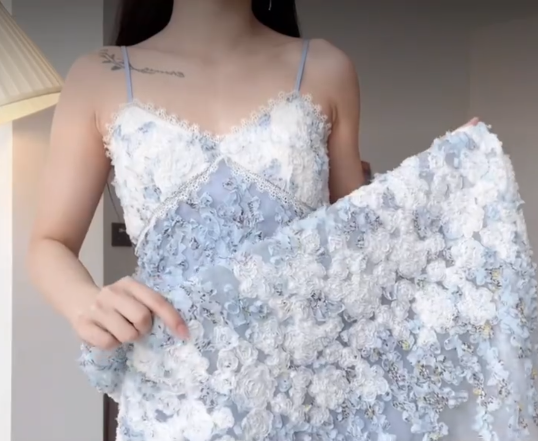 Ethereal Light Blue Spaghetti Straps Prom Dress Lace Floral A-Line Evening Dress C8247