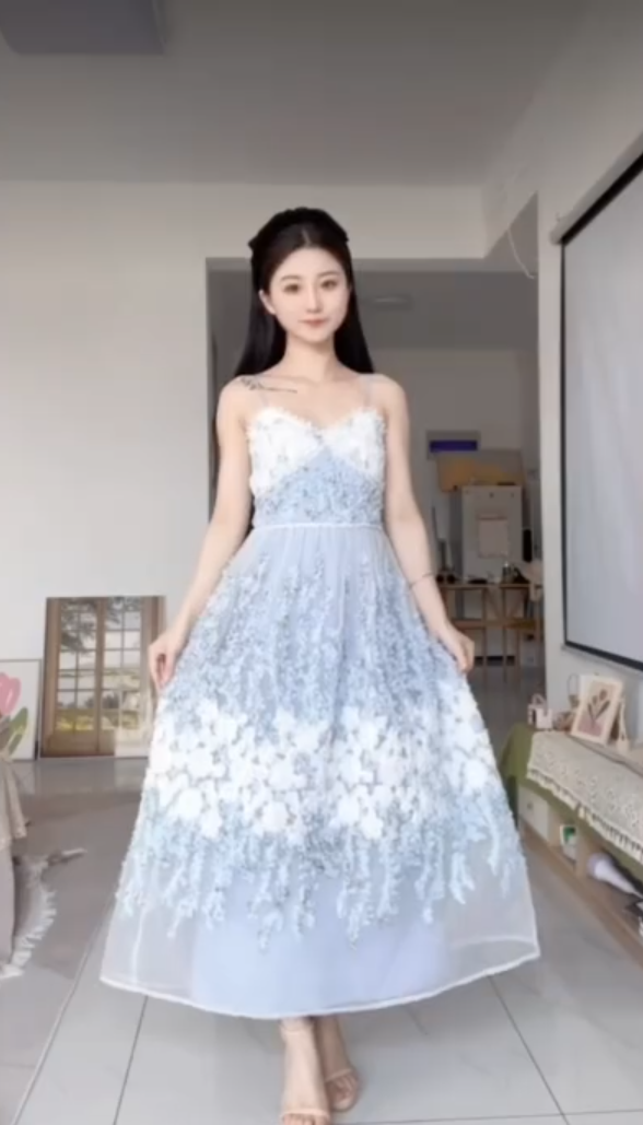 Ethereal Light Blue Spaghetti Straps Prom Dress Lace Floral A-Line Evening Dress C8247