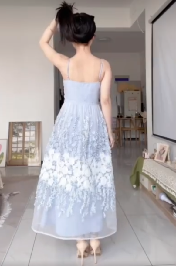 Ethereal Light Blue Spaghetti Straps Prom Dress Lace Floral A-Line Evening Dress C8247