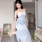 Ethereal Light Blue Spaghetti Straps Prom Dress Lace Floral A-Line Evening Dress C8247