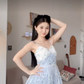 Ethereal Light Blue Spaghetti Straps Prom Dress Lace Floral A-Line Evening Dress C8247