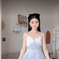 Ethereal Light Blue Spaghetti Straps Prom Dress Lace Floral A-Line Evening Dress C8247