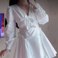 Uique V Neck White Homecoming Dress Long Sleeve Bows A-Line Birthday Dress C8248