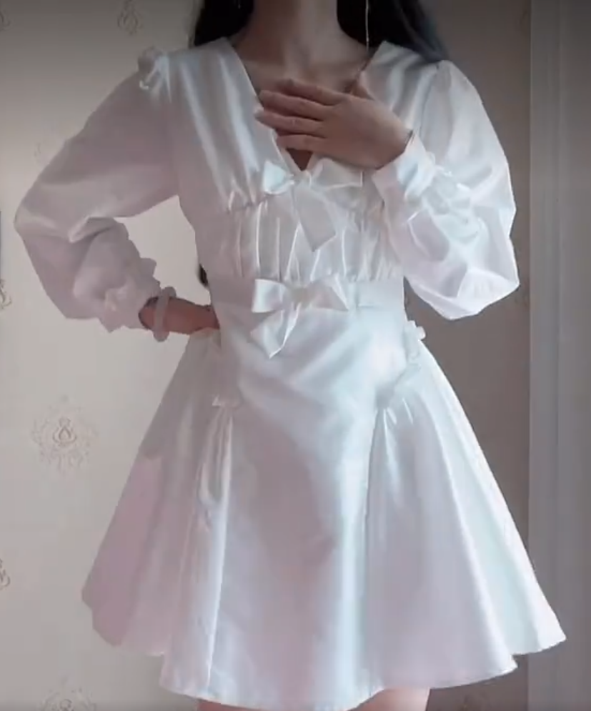Uique V Neck White Homecoming Dress Long Sleeve Bows A-Line Birthday Dress C8248
