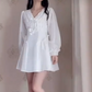 Uique V Neck White Homecoming Dress Long Sleeve Bows A-Line Birthday Dress C8248