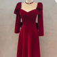 Sexy A line Long Sleeves Red Velvet Long Prom Dress C824