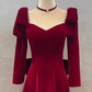 Sexy A line Long Sleeves Red Velvet Long Prom Dress C824