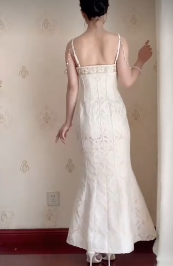 Charming Beading Ivory Prom Dress Spaghetti Straps Mermaid Evening Dress C8250