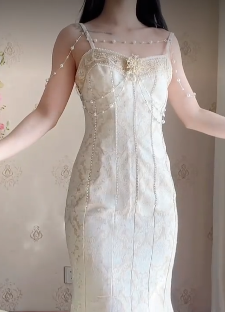 Charming Beading Ivory Prom Dress Spaghetti Straps Mermaid Evening Dress C8250