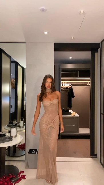 Sexy Strapless Beige Prom Dress With Choker Sequins Mermaid Evening Dress C8253