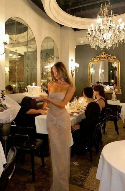 Sexy Strapless Beige Prom Dress With Choker Sequins Mermaid Evening Dress C8253