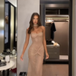 Sexy Strapless Beige Prom Dress With Choker Sequins Mermaid Evening Dress C8253