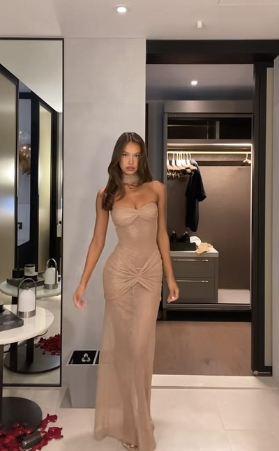 Sexy Strapless Beige Prom Dress With Choker Sequins Mermaid Evening Dress C8253