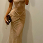 Sexy Strapless Beige Prom Dress With Choker Sequins Mermaid Evening Dress C8253