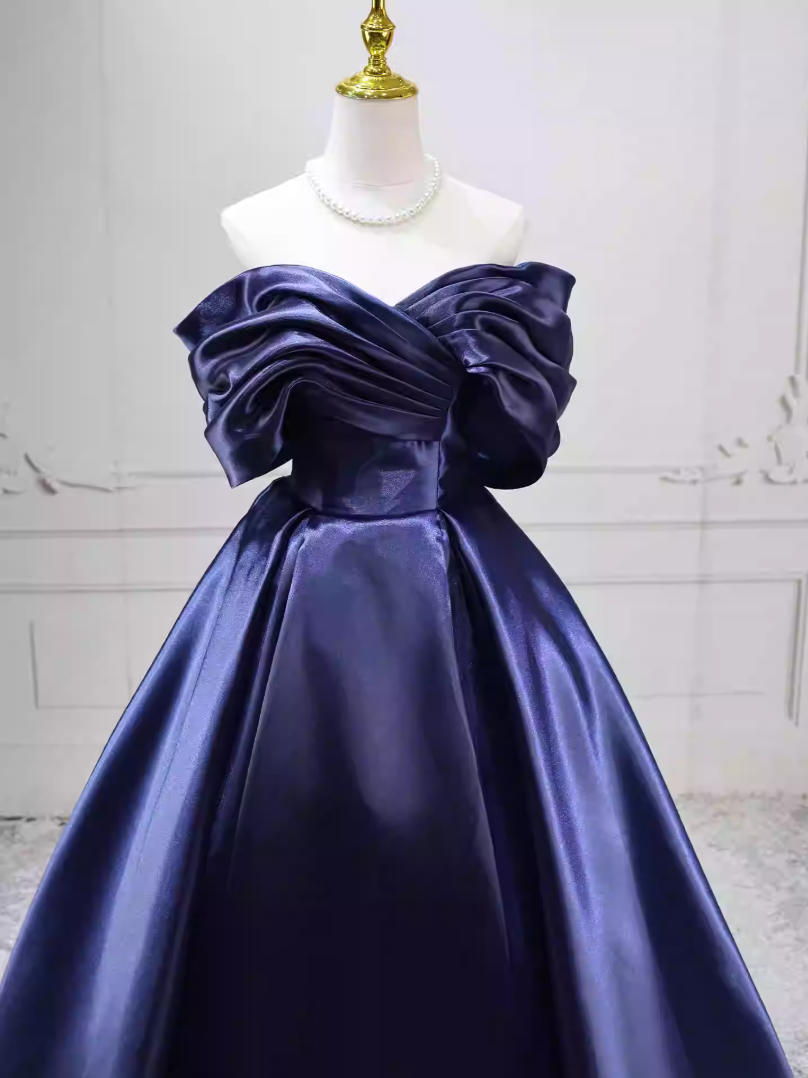 Vintage Off-the-Shoulder Navy Blue Ball Gown Satin Sweet 16 Dresses C8254