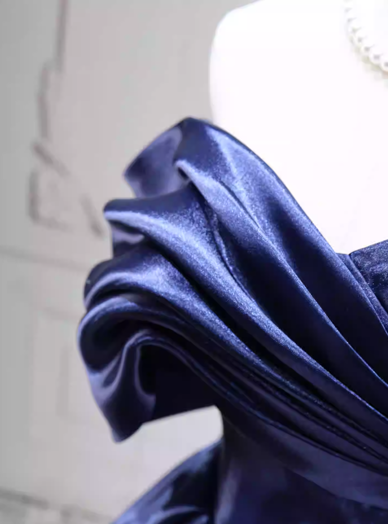Vintage Off-the-Shoulder Navy Blue Ball Gown Satin Sweet 16 Dresses C8254