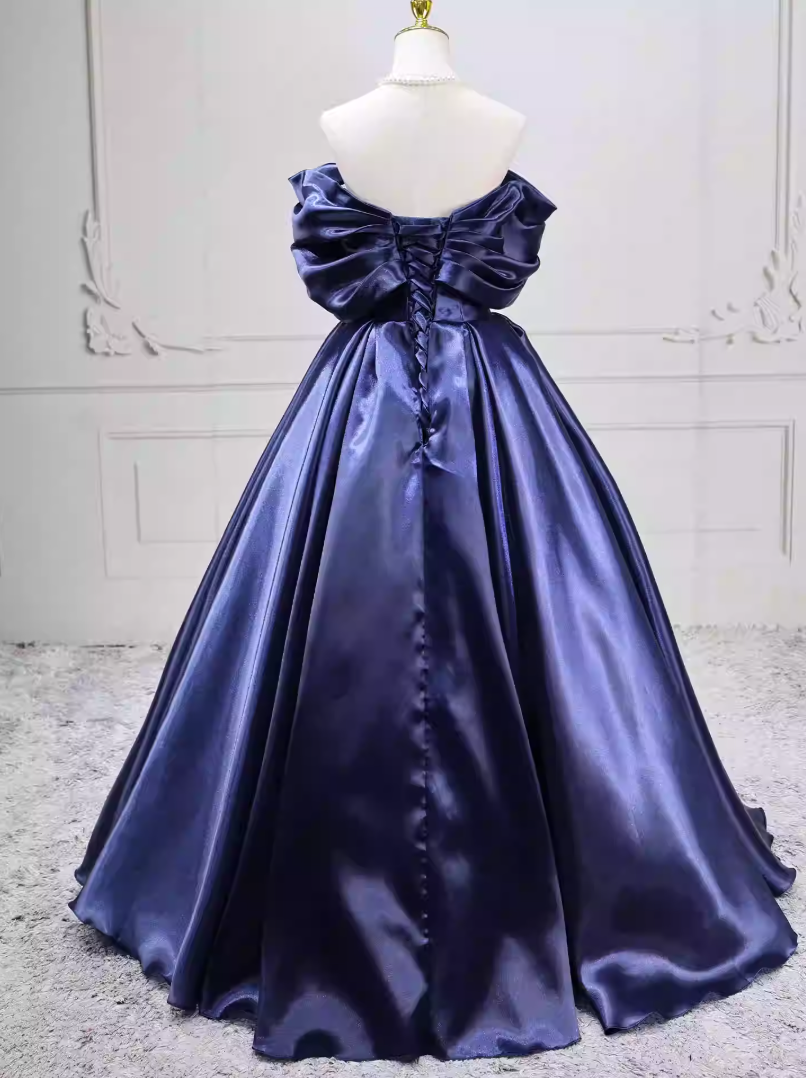 Vintage Off-the-Shoulder Navy Blue Ball Gown Satin Sweet 16 Dresses C8254