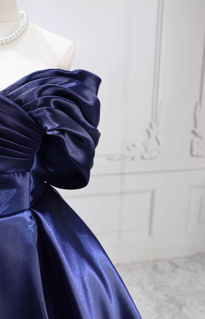 Vintage Off-the-Shoulder Navy Blue Ball Gown Satin Sweet 16 Dresses C8254