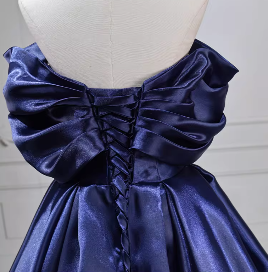 Vintage Off-the-Shoulder Navy Blue Ball Gown Satin Sweet 16 Dresses C8254