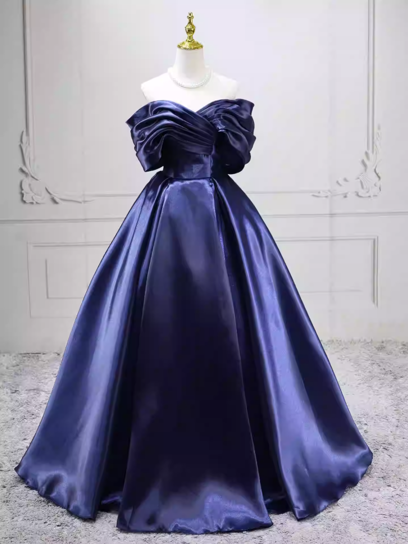 Vintage Off-the-Shoulder Navy Blue Ball Gown Satin Sweet 16 Dresses C8254