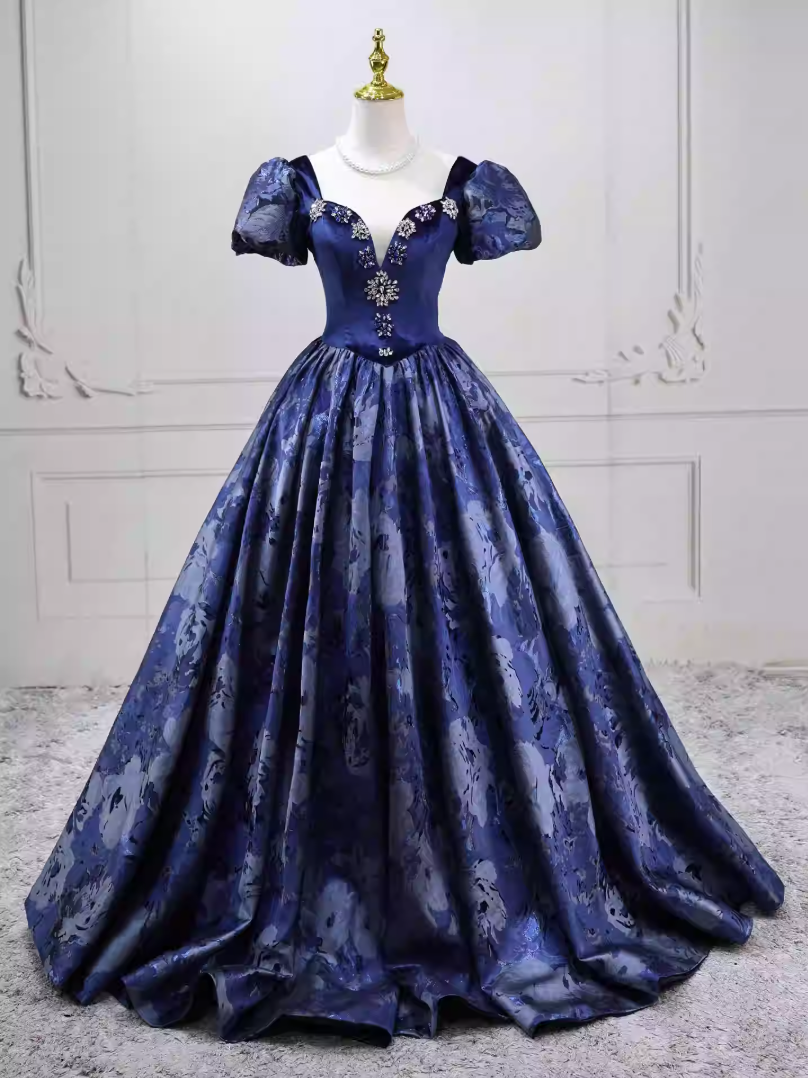 Elegant Short Sleeve Blue Ball Gown Beaded Sweet 16 Dresses C8255