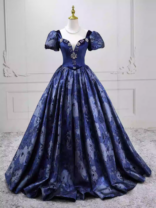 Elegant Short Sleeve Blue Ball Gown Beaded Sweet 16 Dresses C8255
