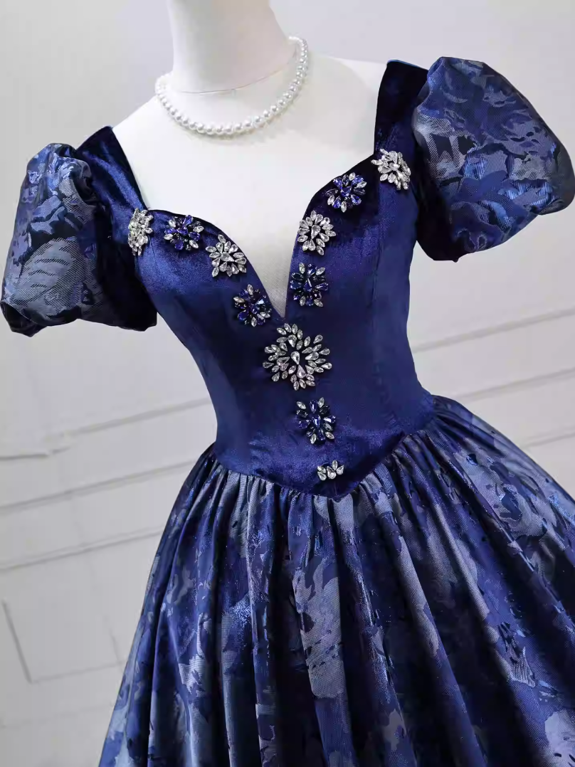 Elegant Short Sleeve Blue Ball Gown Beaded Sweet 16 Dresses C8255