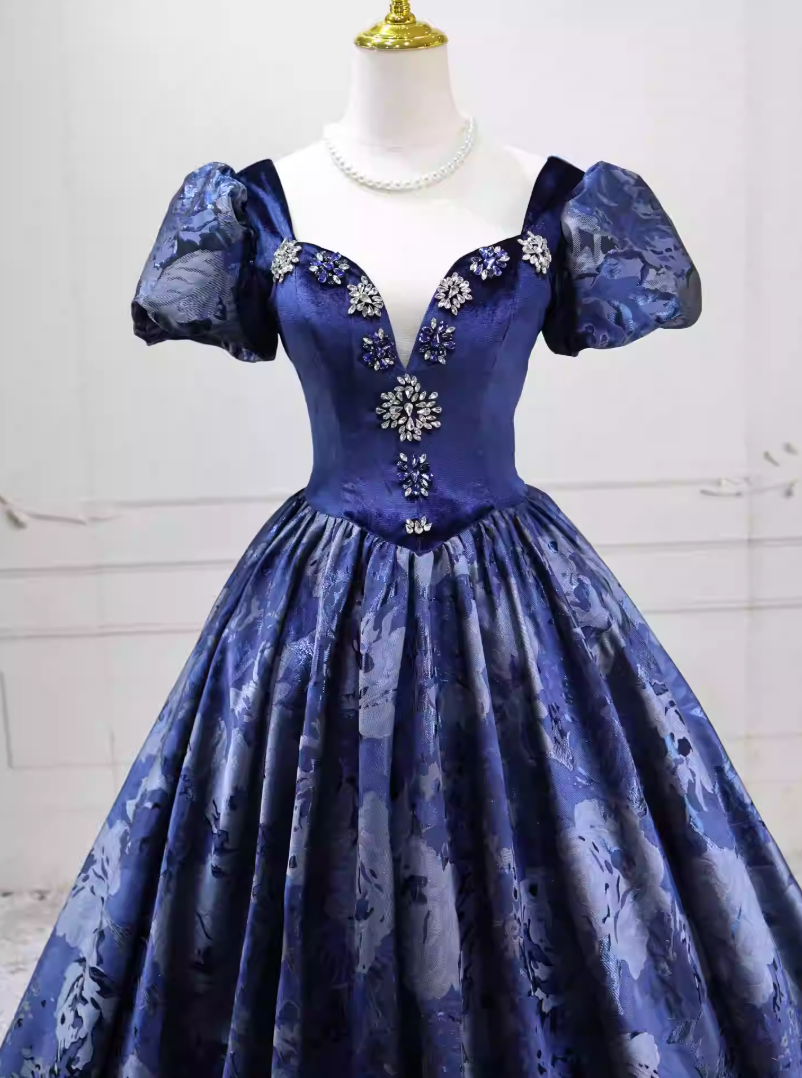 Elegant Short Sleeve Blue Ball Gown Beaded Sweet 16 Dresses C8255
