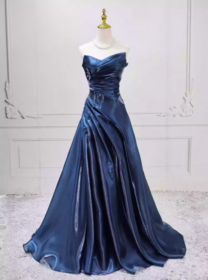 Classical Strapless Navy Blue Ball Gown Long Satin Sweet 16 Dresses C8259