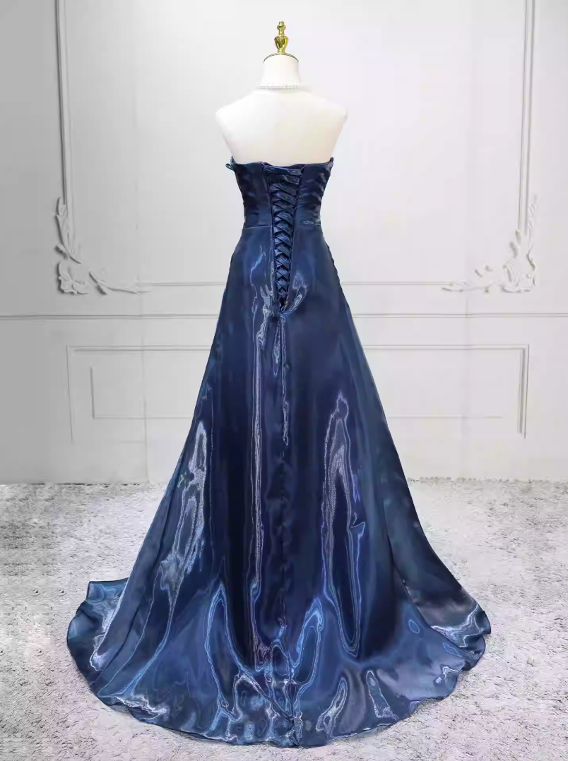 Classical Strapless Navy Blue Ball Gown Long Satin Sweet 16 Dresses C8259