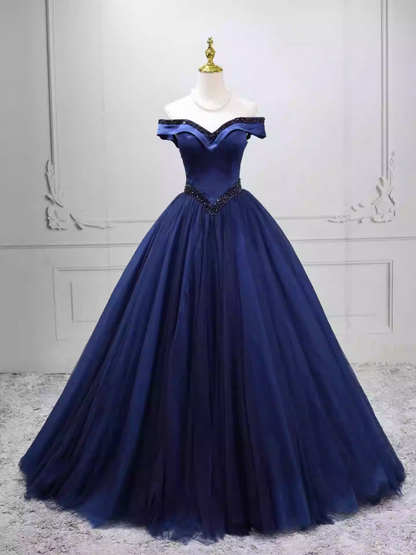 Trendy Off-the-Shoulder Blue Ball Gown Long Beads Sweet 16 Dresses C8260