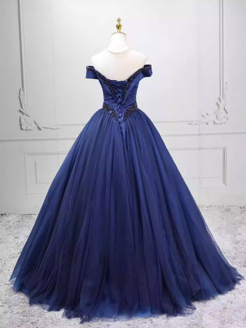 Trendy Off-the-Shoulder Blue Ball Gown Long Beads Sweet 16 Dresses C8260