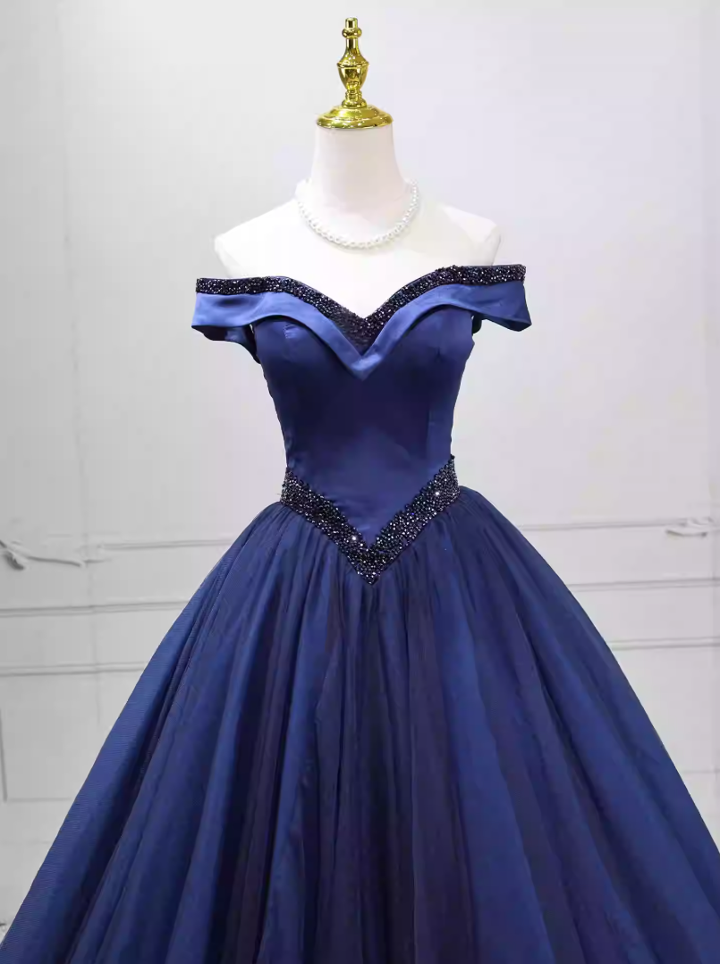 Trendy Off-the-Shoulder Blue Ball Gown Long Beads Sweet 16 Dresses C8260
