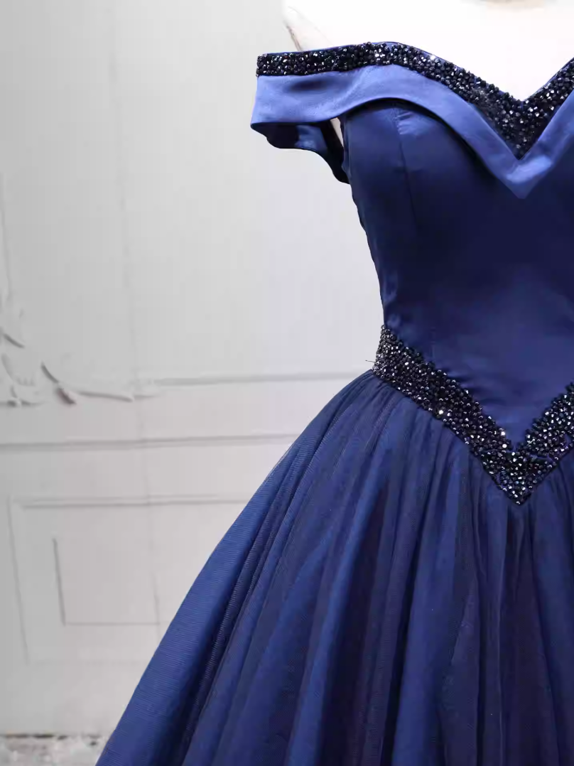 Trendy Off-the-Shoulder Blue Ball Gown Long Beads Sweet 16 Dresses C8260