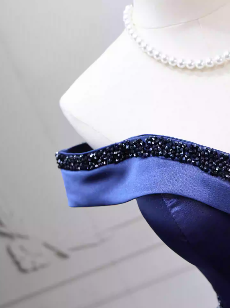 Trendy Off-the-Shoulder Blue Ball Gown Long Beads Sweet 16 Dresses C8260