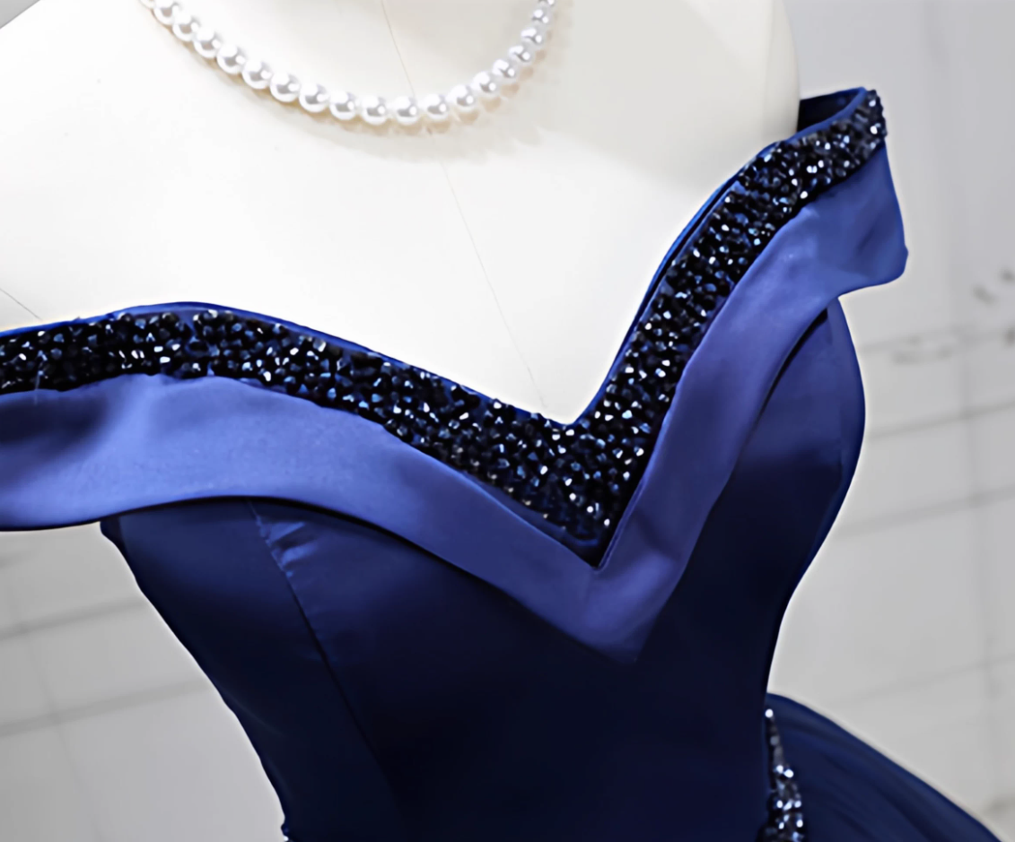 Trendy Off-the-Shoulder Blue Ball Gown Long Beads Sweet 16 Dresses C8260