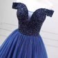 Trendy Off-the-Shoulder Blue Ball Gown Beads Sequins Sweet 16 Dresses C8261