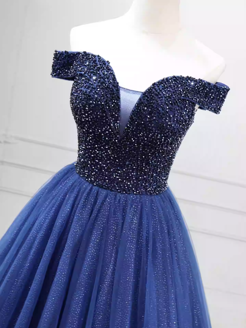 Trendy Off-the-Shoulder Blue Ball Gown Beads Sequins Sweet 16 Dresses C8261