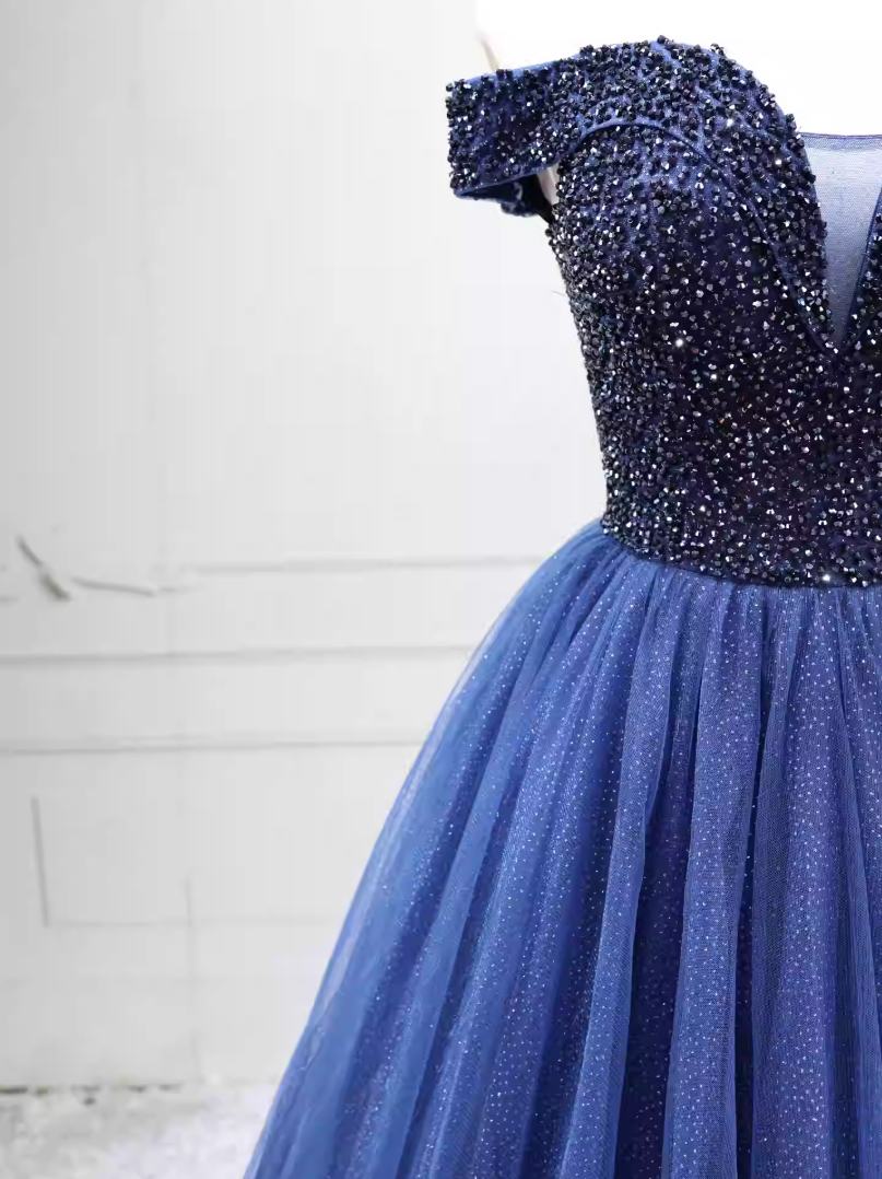 Trendy Off-the-Shoulder Blue Ball Gown Beads Sequins Sweet 16 Dresses C8261