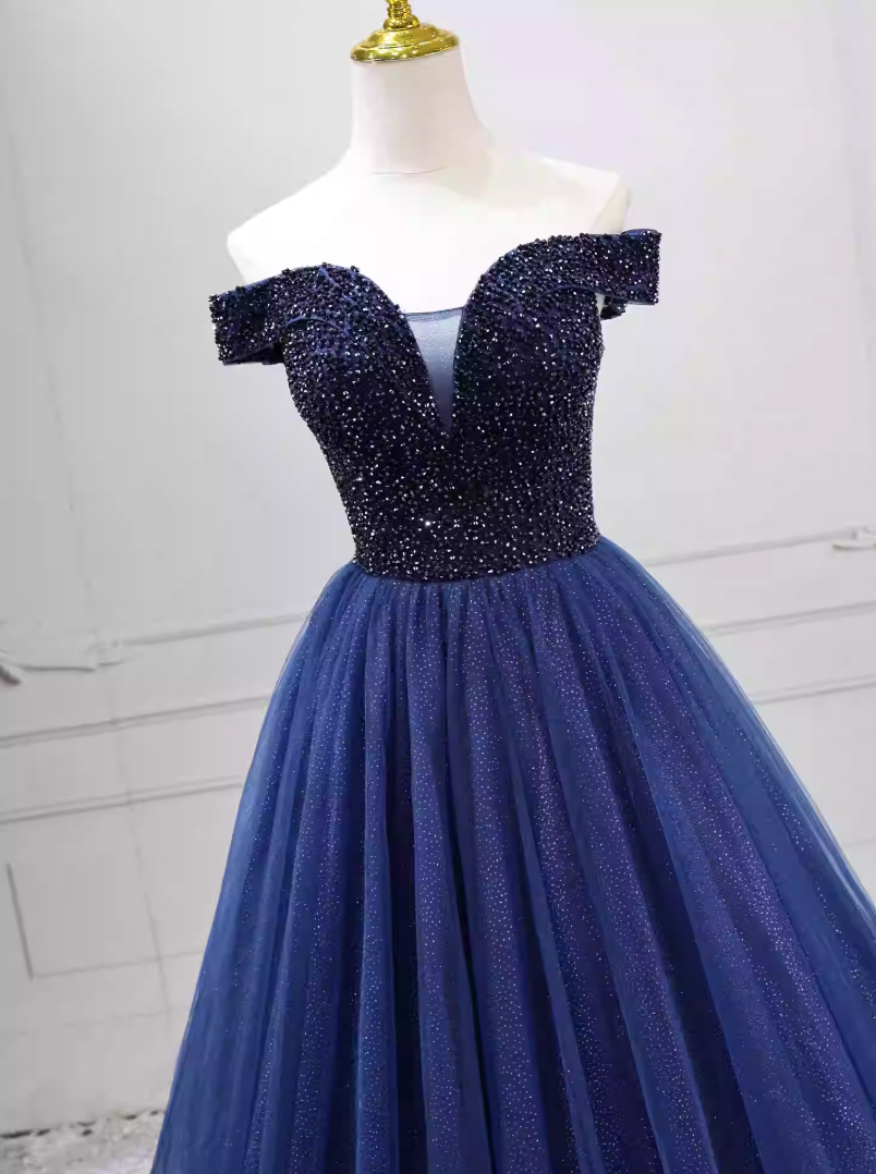 Trendy Off-the-Shoulder Blue Ball Gown Beads Sequins Sweet 16 Dresses C8261