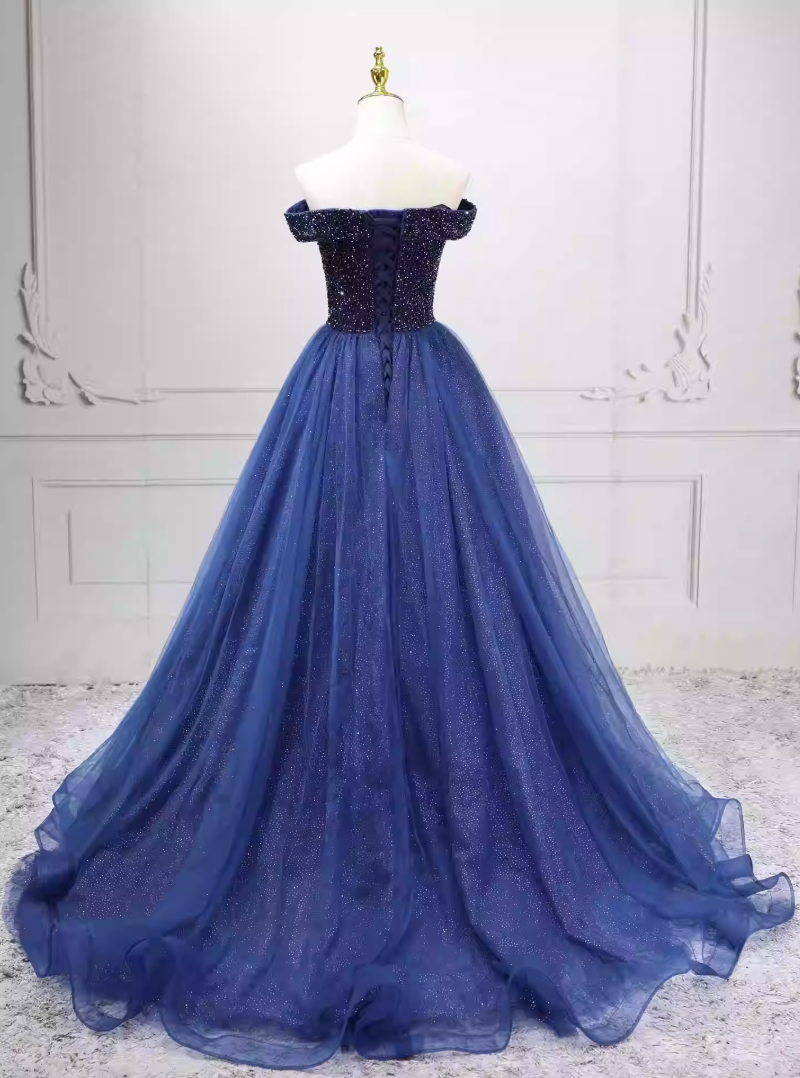 Trendy Off-the-Shoulder Blue Ball Gown Beads Sequins Sweet 16 Dresses C8261