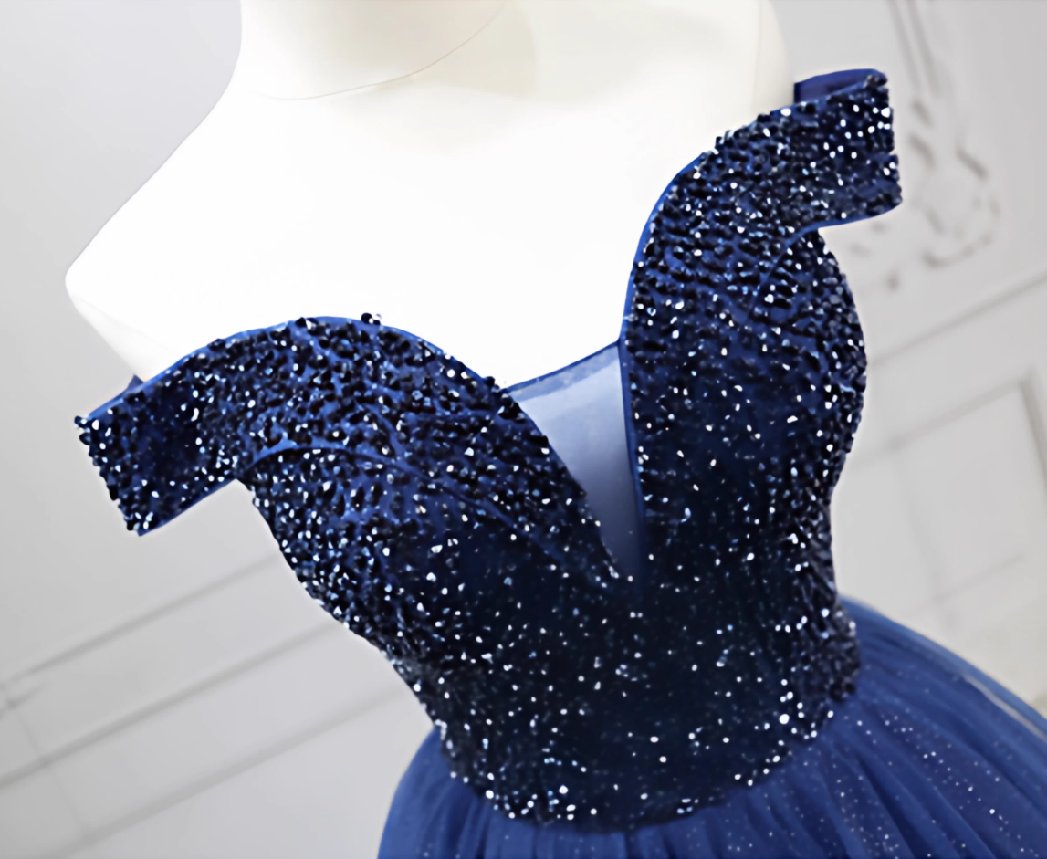 Trendy Off-the-Shoulder Blue Ball Gown Beads Sequins Sweet 16 Dresses C8261