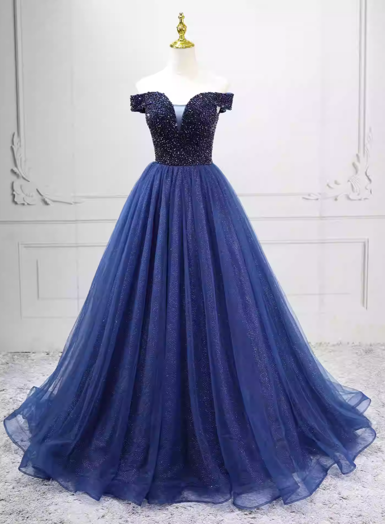 Trendy Off-the-Shoulder Blue Ball Gown Beads Sequins Sweet 16 Dresses C8261